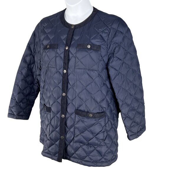 J. Jill Womens Lp Navy Diamond Quilted Down Puffer Jacket Corduroy Trim Snap Up - Picture 6 of 15